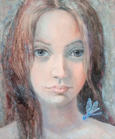 Painting titled "Blue Dragonfly flig…" by Alena Masterkova, Original Artwork, Oil Mounted on Wood Stretcher frame