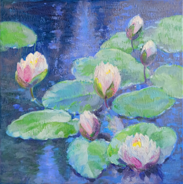 Painting titled "Pink Water Lilies" by Alena Masterkova, Original Artwork, Oil Mounted on Wood Stretcher frame