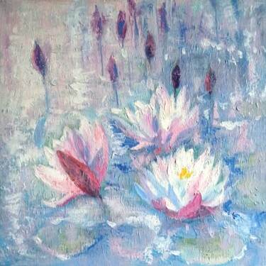 Painting titled "Morning water lilies" by Alena Masterkova, Original Artwork, Oil Mounted on Wood Stretcher frame