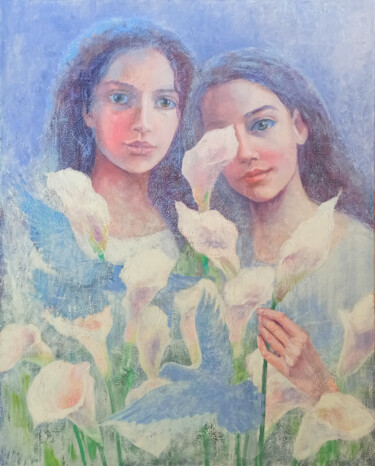 Schilderij getiteld "White Flowers" door Alena Masterkova, Origineel Kunstwerk, Olie