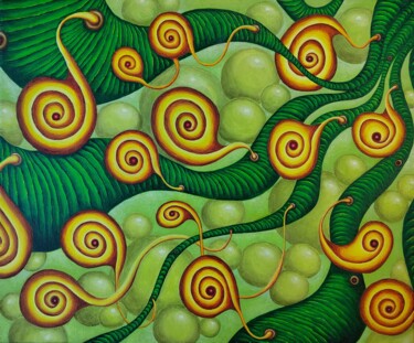 Painting titled "Slow-Living Snails…" by Alena Masyutina, Original Artwork, Oil Mounted on Wood Stretcher frame