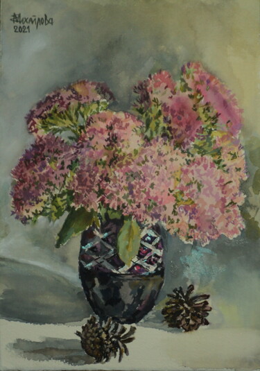 Painting titled "Розовые цветы" by Alena Mihajlova, Original Artwork, Watercolor