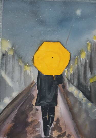 Painting titled "Rainy Night" by Alena Panasenko, Original Artwork, Watercolor