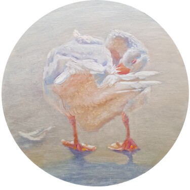 Painting titled "White goose" by Alena Post, Original Artwork, Oil Mounted on Cardboard