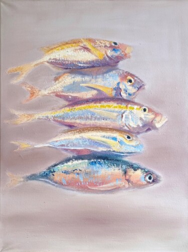 Painting titled "PISCES. Dancing fish" by Alena Post, Original Artwork, Oil Mounted on Wood Stretcher frame