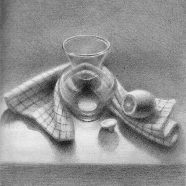 Drawing titled "Still life with gla…" by Alena Post, Original Artwork, Graphite