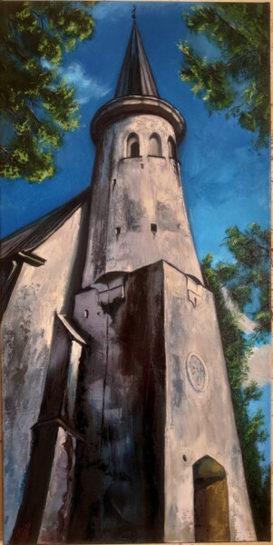 Painting titled "Lüganuse kirik" by Alena Ptsjolko (Fox), Original Artwork, Oil Mounted on Wood Stretcher frame