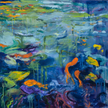 Painting titled "Pond with Koi" by Alena Reit, Original Artwork, Oil