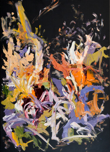 Painting titled "Flowers on black ca…" by Alena Reit, Original Artwork, Oil Mounted on Wood Stretcher frame
