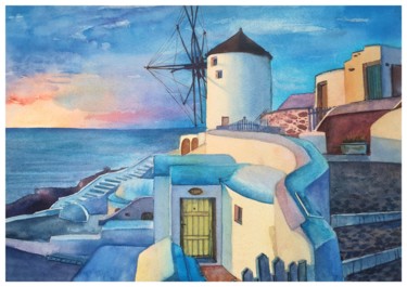 Картина под названием "Закат на Санторини" - Алена Овчинникова, Подлинное произведение искусства, Акварель