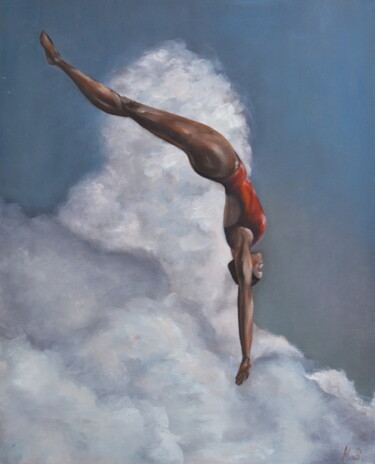 Painting titled "Flight in the clouds" by Alena Sakalova, Original Artwork, Oil Mounted on Wood Stretcher frame