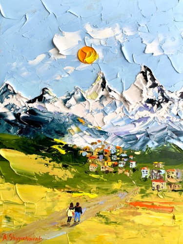 The smell of spring; original oil painting; mountain paintin Peinture intitulée "The smell of spring…" par Alena Shymchonak, Œuvre d'art originale, Huile