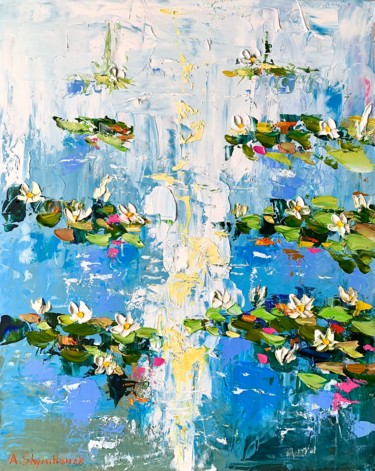Lily pond; framed; original palette knife painting Painting titled "Lily pond; framed;…" by Alena Shymchonak, Original Art, Oil