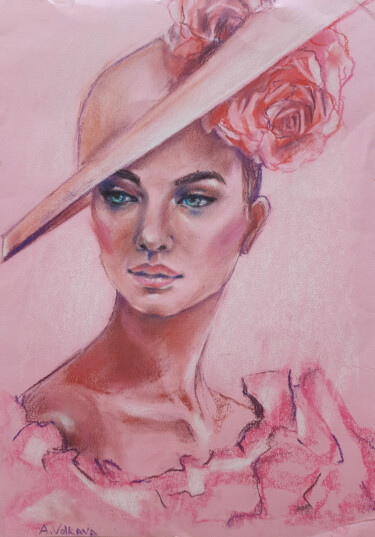 Drawing titled "The pink portrait" by Alena Volkava, Original Artwork, Pastel