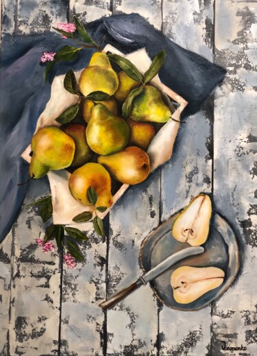 Painting titled "Pears" by Alyona Voronenko, Original Artwork, Oil Mounted on Wood Stretcher frame