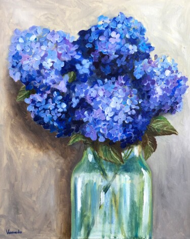 Painting titled "Hydrangeas" by Alyona Voronenko, Original Artwork, Oil Mounted on Wood Panel