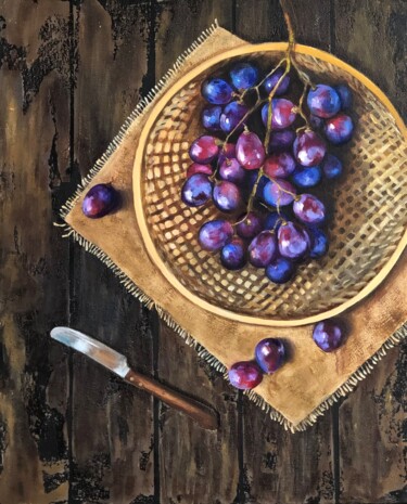 Painting titled "Grapes" by Alyona Voronenko, Original Artwork, Oil Mounted on Wood Stretcher frame