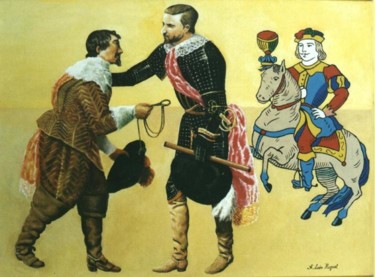 Painting titled "caballeros en pose" by Antonio Leon Huguet, Original Artwork