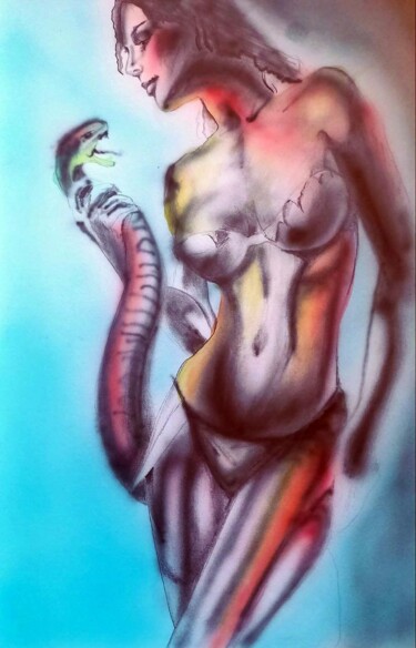 Dibujo titulada "Girl and snake" por Arthur Savachenko, Obra de arte original, Aerógrafo