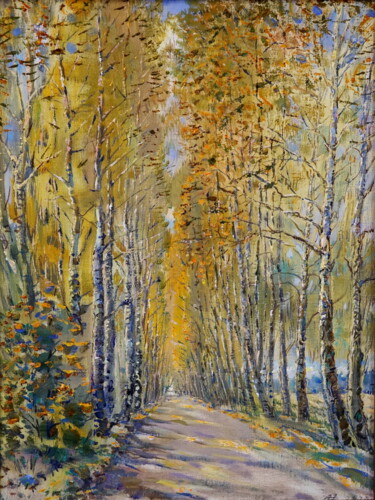 Pittura intitolato ""Road to autumn"" da Ales Filipovich, Opera d'arte originale, Olio