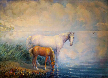 Painting titled ""Horses at the wate…" by Ales Filipovich, Original Artwork, Oil