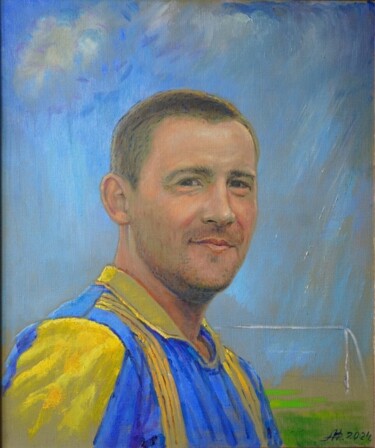 Malarstwo zatytułowany „Футболист” autorstwa Ales Filipovich, Oryginalna praca, Olej Zamontowany na Drewniana rama noszy