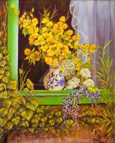 SGUARDO SU UNA FINESTRA FIORITA Pittura intitolato "SGUARDO SU UNA FINE…" da Alessandra Tabarrani, Opera d'arte originale, Olio