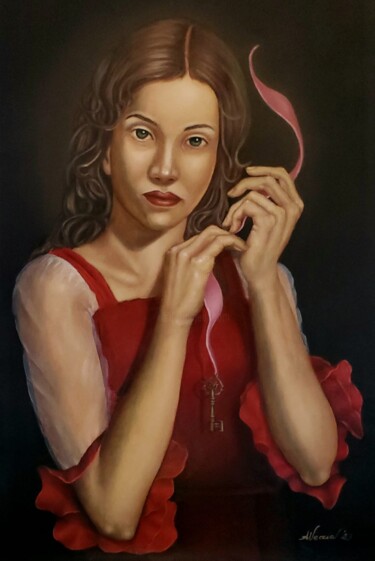 Painting titled "Il nastro rosa" by Alessandra Veccia, Original Artwork, Oil