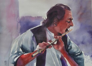 Pittura intitolato "The flute player" da Alessandro Andreuccetti, Opera d'arte originale, Acquarello