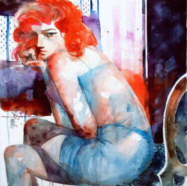 Schilderij getiteld "Ragazza seduta alla…" door Alessandro Andreuccetti, Origineel Kunstwerk, Aquarel