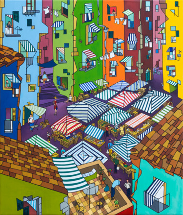 Painting titled "Mercato panormitano" by Alessandro Flavio Bruno, Original Artwork, Acrylic Mounted on Wood Stretcher frame
