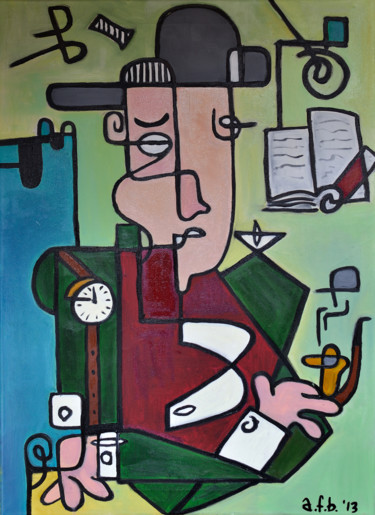 Painting titled "Uomo che legge" by Alessandro Flavio Bruno, Original Artwork, Oil Mounted on Wood Stretcher frame