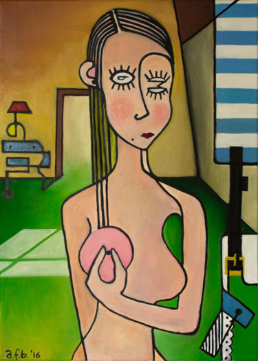 Painting titled "Sorriso di tristezza" by Alessandro Flavio Bruno, Original Artwork, Oil Mounted on Wood Stretcher frame
