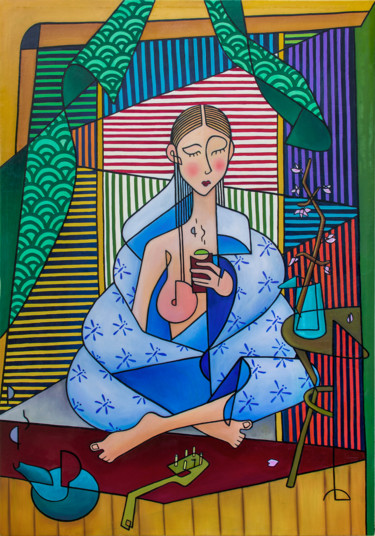 Peinture intitulée "La ragazza del tè" par Alessandro Flavio Bruno, Œuvre d'art originale, Huile Monté sur Châssis en bois