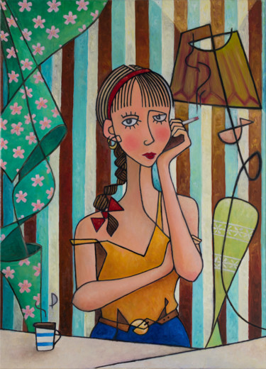 Painting titled "Ragazza che fuma" by Alessandro Flavio Bruno, Original Artwork, Oil Mounted on Wood Stretcher frame