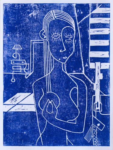Gravures & estampes intitulée "Valentine bleu" par Alessandro Flavio Bruno, Œuvre d'art originale, Linogravures