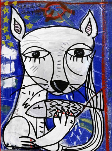 Painting titled "Gatto che mangia un…" by Alessandro Siviglia, Original Artwork, Acrylic Mounted on Wood Stretcher frame