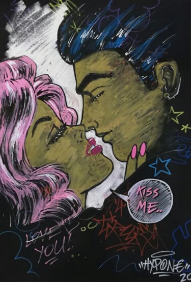 Schilderij getiteld "Kiss me" door Alessio Hassan Alì (Hipo), Origineel Kunstwerk, Aquarel