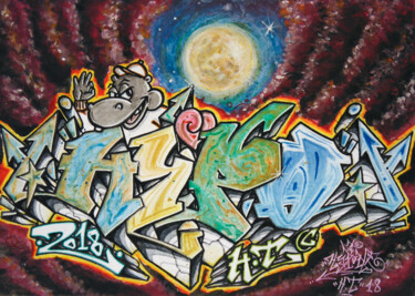 Peinture intitulée "My graffiti moon" par Alessio Hassan Alì (Hipo), Œuvre d'art originale, Aquarelle