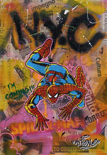 Collages getiteld "Spiderman I'm coming" door Alessio Hassan Alì (Hipo), Origineel Kunstwerk, Acryl