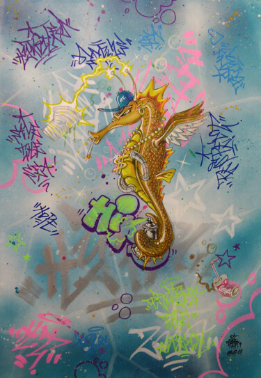 Painting titled "Seahorse save the s…" by Alessio Hassan Alì (Hipo), Original Artwork, Spray paint