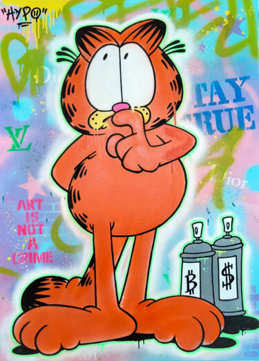 Painting titled "Undecided Garfield" by Alessio Hassan Alì (Hipo), Original Artwork, Spray paint Mounted on Wood Stretcher f…
