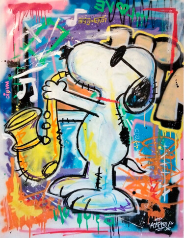 Painting titled "Snoopy - Music in t…" by Alessio Hassan Alì (Hipo), Original Artwork, Spray paint