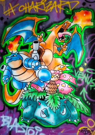 Schilderij getiteld "Pokémon Starter Tri…" door Alessio Hassan Alì (Hipo), Origineel Kunstwerk, Graffiti