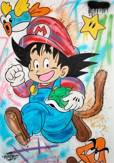 Schilderij getiteld "Super Mario Goku" door Alessio Hassan Alì (Hipo), Origineel Kunstwerk, Graffiti