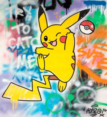 Painting titled "Pikachu - Try to ca…" by Alessio Hassan Alì (Hipo), Original Artwork, Spray paint