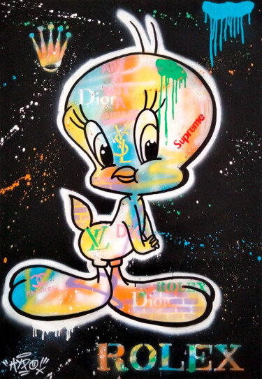 Painting titled "Tweety X Rolex" by Alessio Hassan Alì (Hipo), Original Artwork, Spray paint