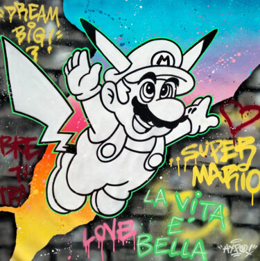 Pittura intitolato "Super Mario Pikachu…" da Alessio Hassan Alì (Hipo), Opera d'arte originale, Spray