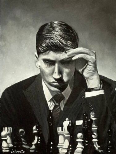 Painting titled "Bobby Fischer" by Alessio Levorato, Original Artwork, Oil Mounted on Metal