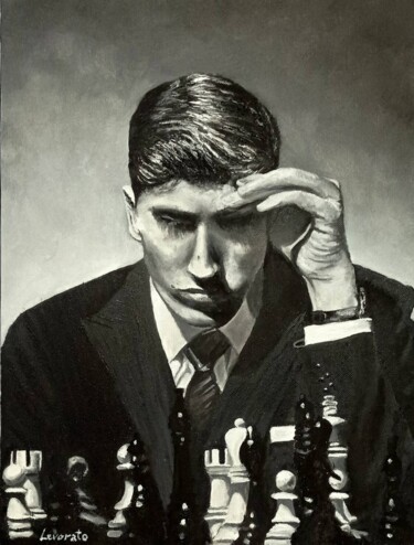 Malerei mit dem Titel "Bobby Fischer" von Alessio Levorato, Original-Kunstwerk, Öl Auf Metall montiert